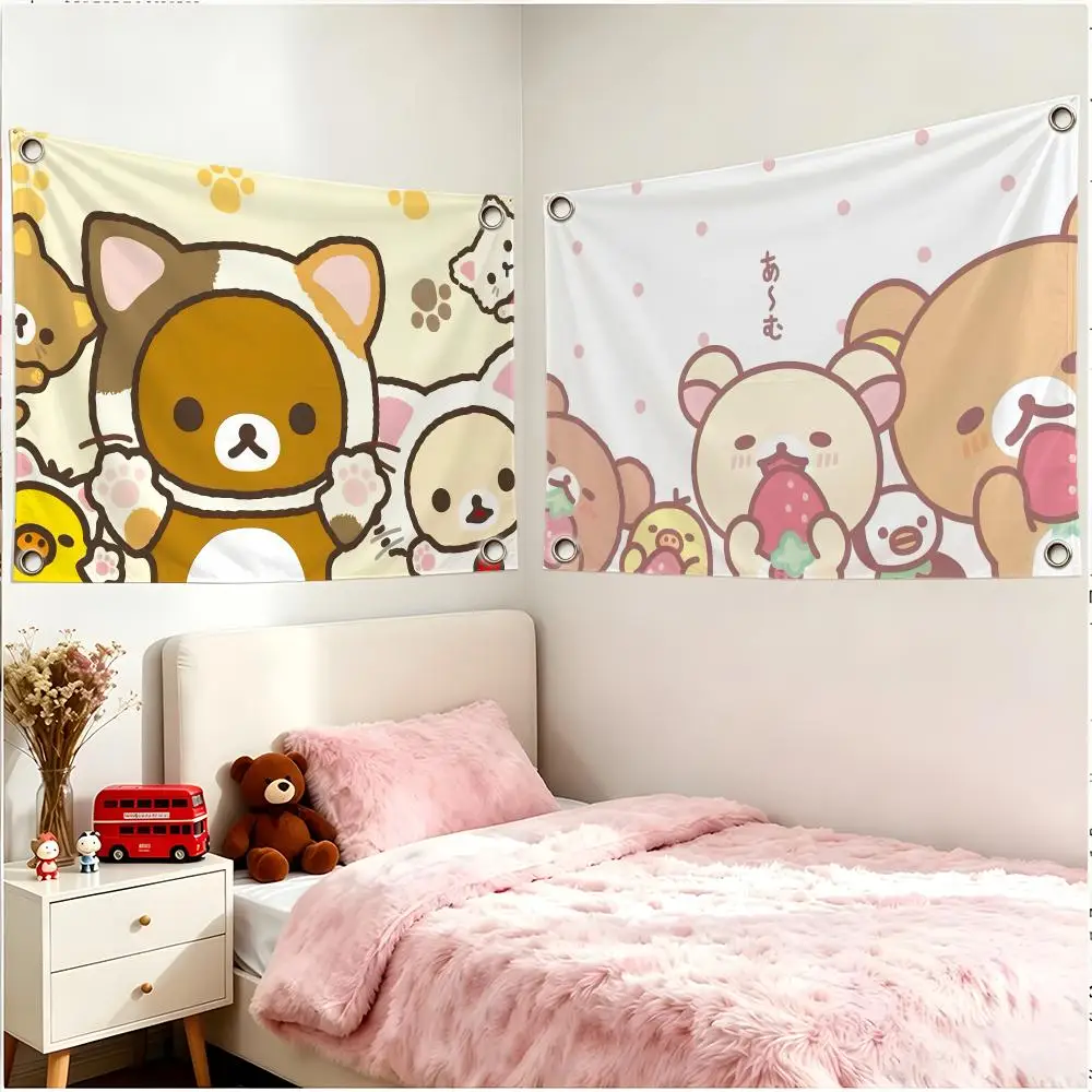 Character Cute Rilakkuma Flags Four Ring Borderless Art Decor Indoor Outdoor Use Simple Hang And Install