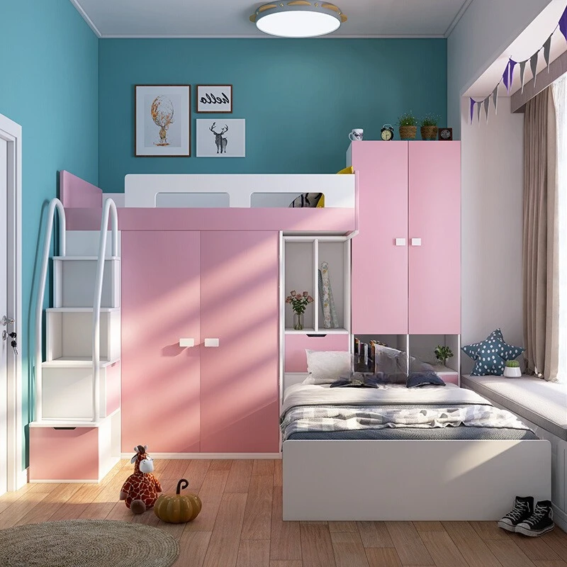 

Staggered upper and lower beds High and low beds Space saving Cloakroom Bunk beds Two children
