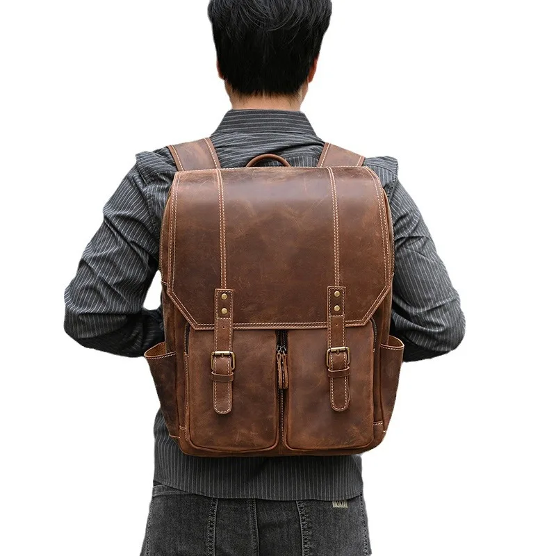 กระเป๋าเป้สะพายหลังหนังผู้ชาย Retro แฟชั่นสไตล์กระเป๋าเป้สะพายหลังกระเป๋าเดินทางกระเป๋าเป้สะพายหลังโรงเรียนกระเป๋าสําหรับชายหนัง Daypack ผู้ชาย