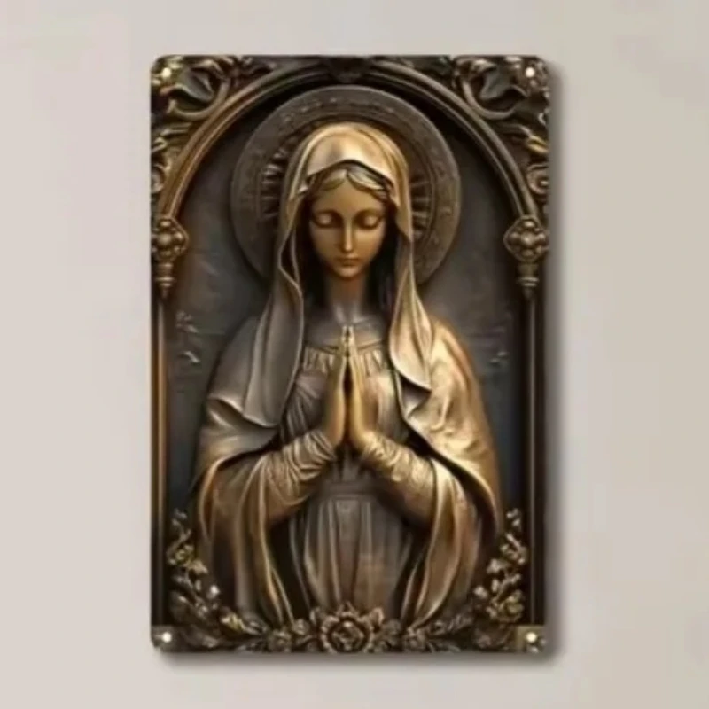 Tinplate Painting，SacredAura's Bronze Virgin Mary Square Sign: Breathtaking Spiritual Decor for Bars