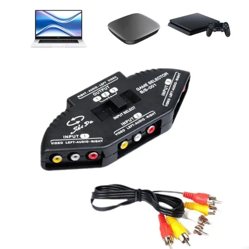 C7AB 3 Way Splitter Audios 3 in 1 Out Audios Video Splitter Switcher Selector with Cable Converter Switcher for VCD VCD VCR