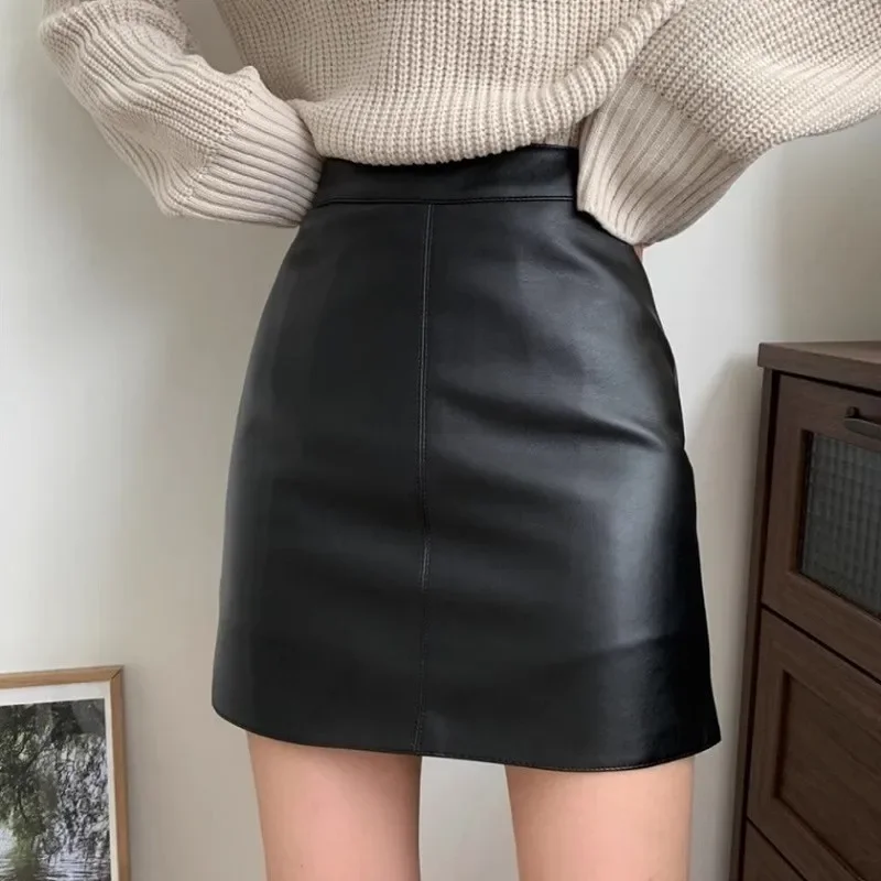 Pop Versatile Slimming Short Skirt Women's A- Line Black Leather Trousers Smooth Out Your Silhouette For Autumn/winter