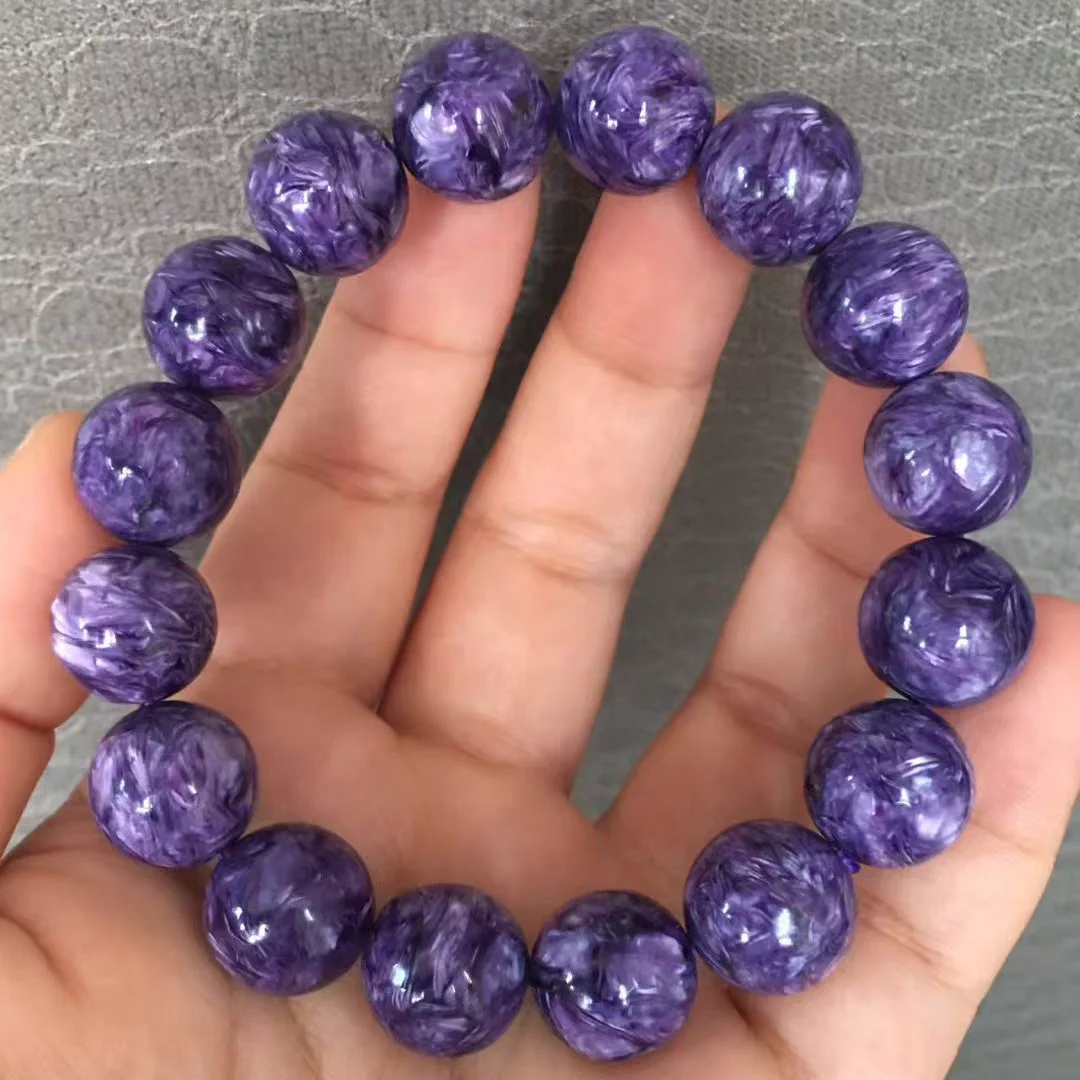 

Natural Purple Charoite Bracelet 14mm Round Beads Stretch Russia Women Men Pattern Charoite Fashion AAAAA