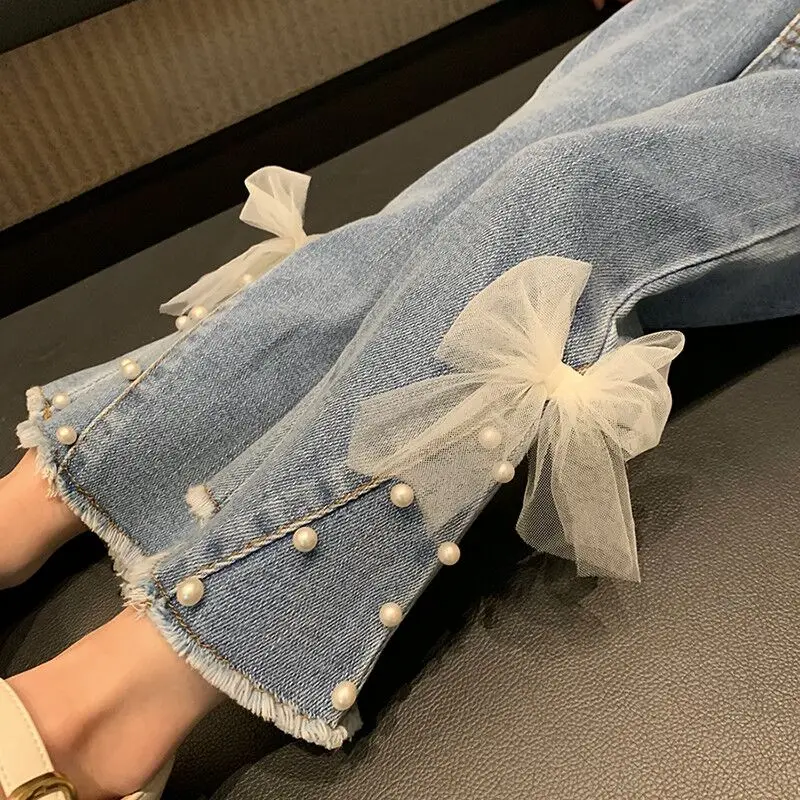 Girls Jeans 2025 Spring Outfit New Children's Stylish Pearl Bow Flared Pants Baby Outer Trousers