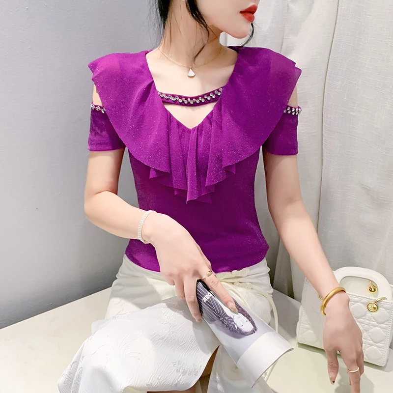 New Summer Short Sleeve V-Neck Women Blouse Fashion Casual Ruffles Blouse Shirt Women Tops Blusas Mujer De Moda 2024 Verano H934