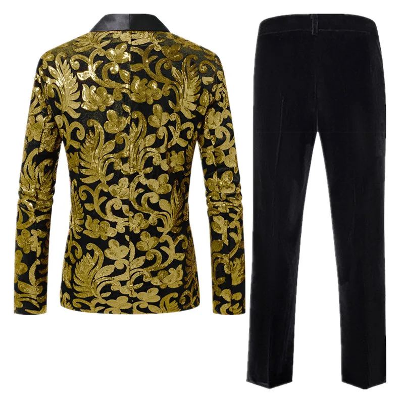 Fashion Men's Wedding Prom Party Suits High-end Velvet Dress Set Singer Host Stage Performance Luxury Sequin Blazer and Trouser