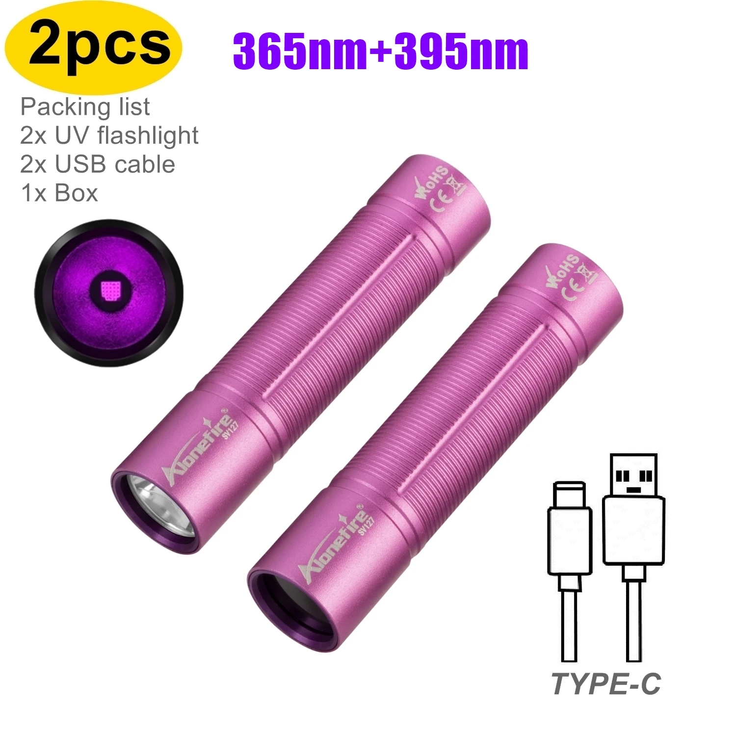 3W Mini UV Blacklight 365nm/395nm Flashlight USB Rechargeable Cat