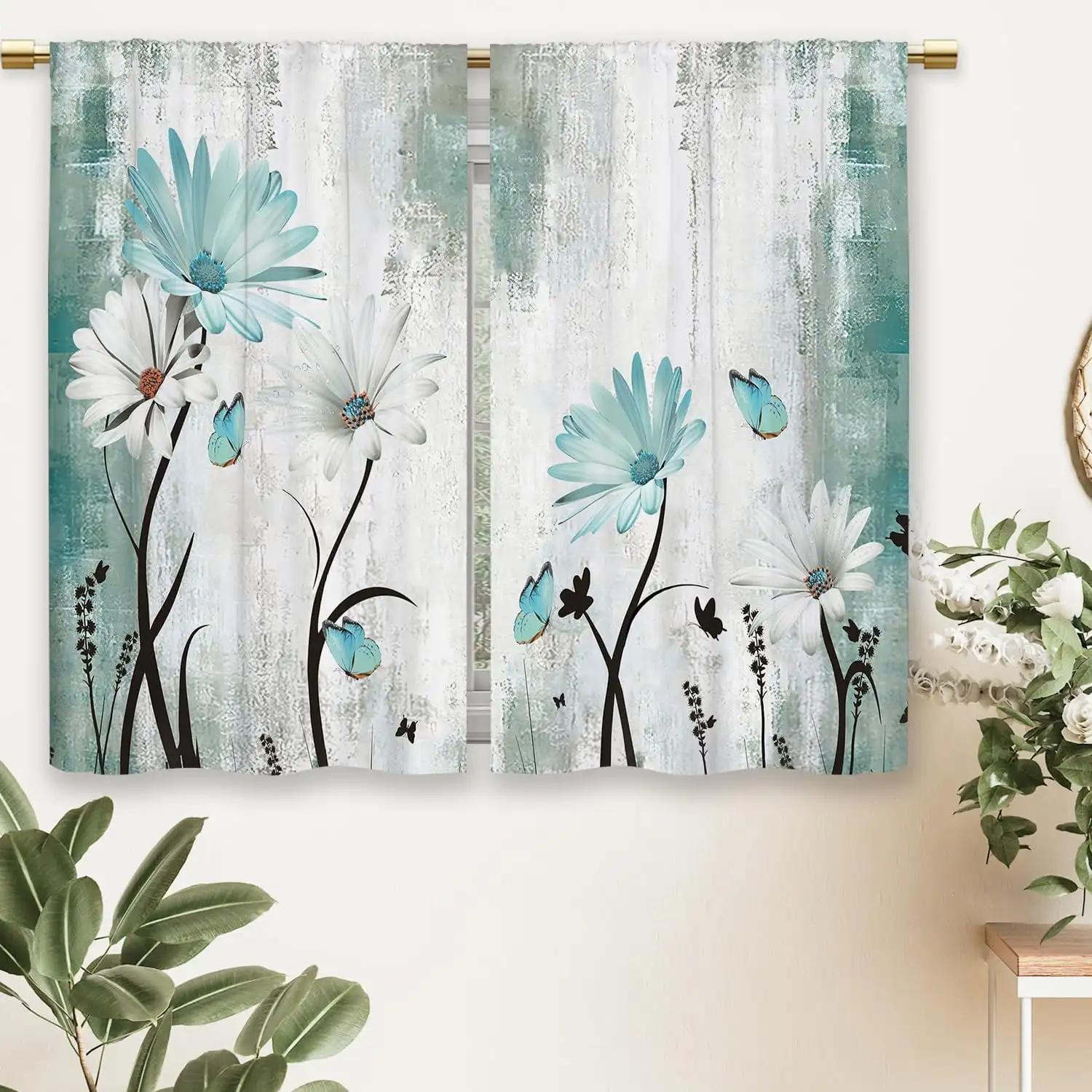 

2pcs Curtains Peach Skin Polyester Rustic Teal Daisy Flower Butterfly Farmhouse Country Short Drapes Kitchen Bathroom Cafe