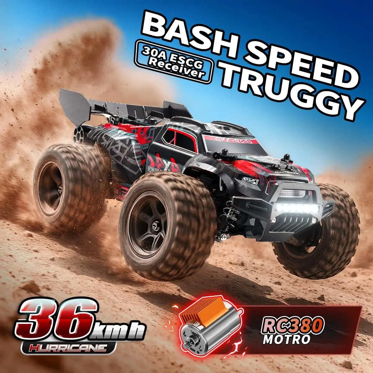 All-Terrain 4WD Remote Control Monster Truck, 1:18 Scale High Speed RC Car 36 km/h, Electric Off-Road Vehicle with 2.4GHz Racing Car, Two 7.4V 1500mAh Rechargeable Batteries, for Boys & Adults