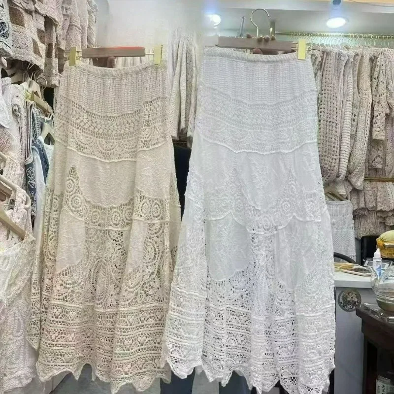 

Hook Flower Hollowed Out New Elastic Band Gentle Knitted Long Dress 2025 Summer New Retro Lace Vintage Chic Skirt