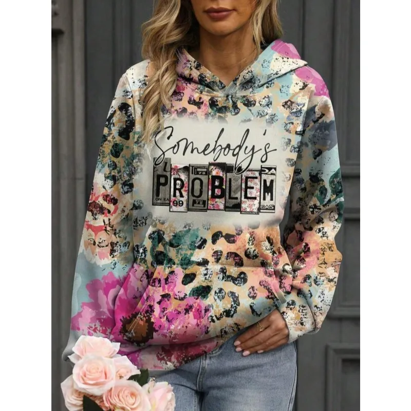 Sudadera con capucha informal con bolsillo y estampado de leopardo para mujer, Tops de talla grande 1XL-5XL, otoño