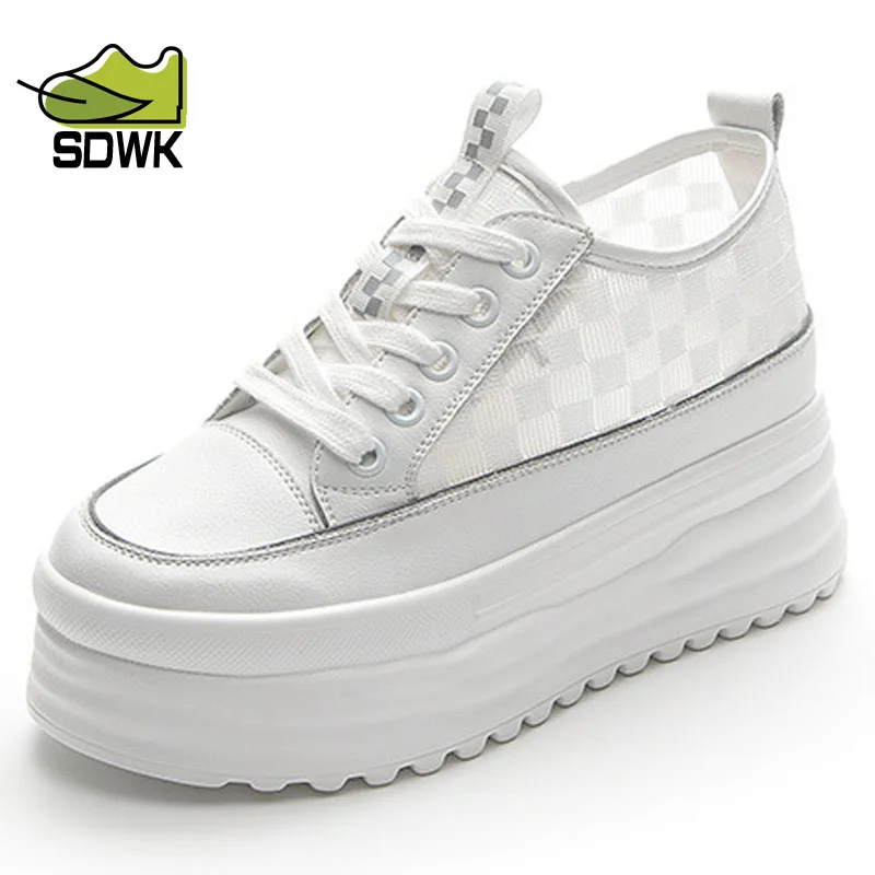 

SDWK 7cm Summer Mesh Breathable Comfortable Women's Shoes Genuine leather Versatile Sneakers Female Student Mesh Surface Shoes