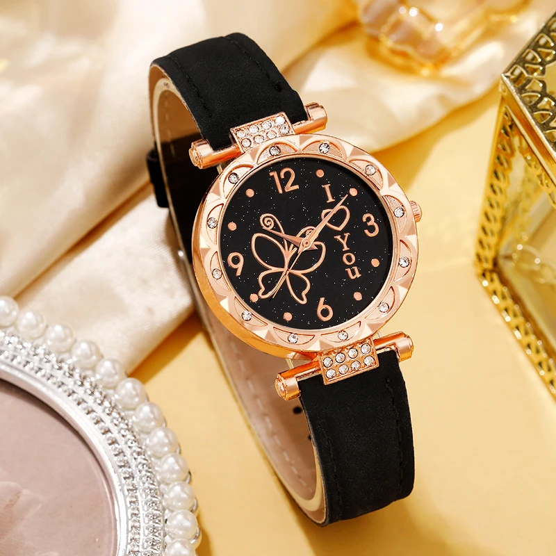 ساعة نسائية مع عناصر بسيطة، ساعة كوارتز بحزام من اللاتكس، مجموعة مجوهرات كهدية للفتيات