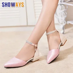 White Summer Women Pumps Low Square Block Heel PU Leather Pointed Toe D'Orsay Pink Wedding Office Crystal Ankle Strap Lady Shoes