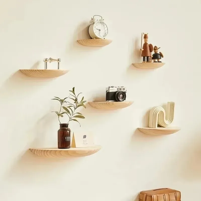 Nordic Wall Mounted Semi-Circle Wood Floating Shelf, Decor Storage Organizer for Living Room Background Wall Display