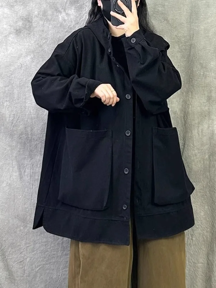 Retro Feeling Hooded Cotton Washable Spring Coat for Women plus Size Small Stature Pure Color Workwear Cardigan