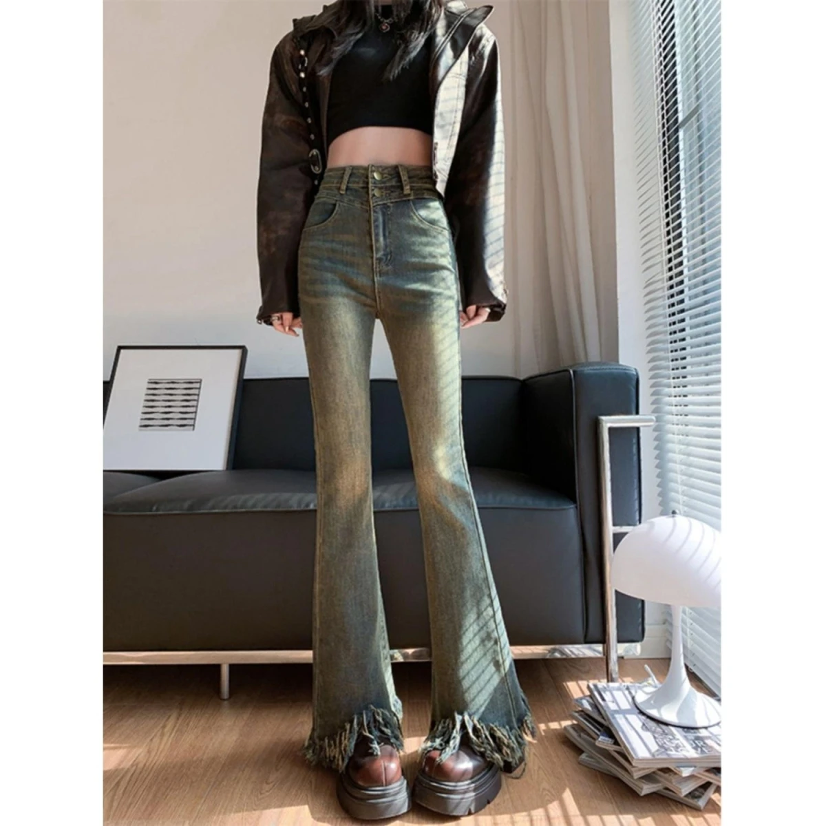 

High Waist Bell Bot Denim Jeans Women's Spring Summer New Vintage Slimming Elastic Slimming Fringed Small ence H...