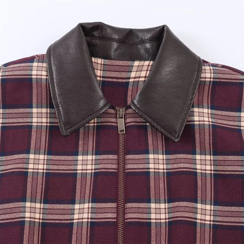 2025 Winter New Product Women's Fashion Leisure Versatile Flip Collar Long Sleeve Leather plaid Pilot Jacket Coat