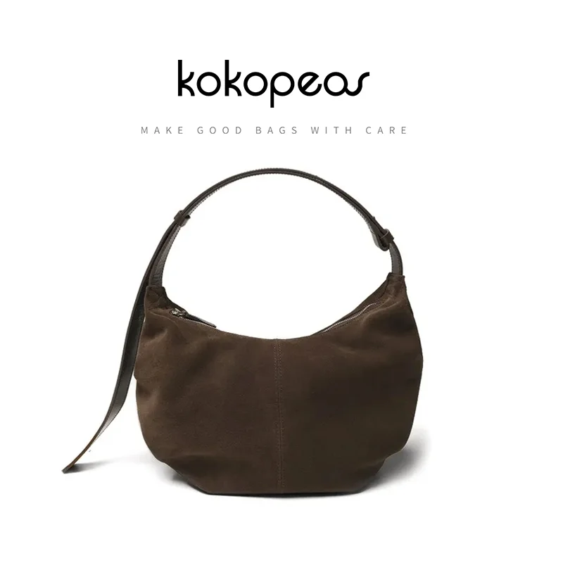 

KOKOPEAS Brown Vintage Fashion Half Moon Bags Suede Genuine Leather Tote Handbags Women Shoulder Bags Female Phone Purses