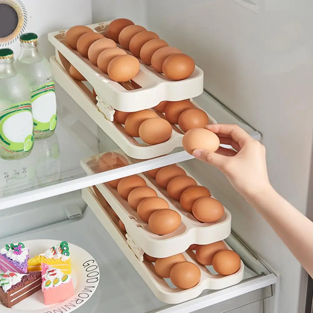 Automatic Rolling Egg Dispenser 2-Tier Egg Holder Large Capacity Smooth Edge Burr Free Refrigerator Egg Storage Tray 계란 분배기