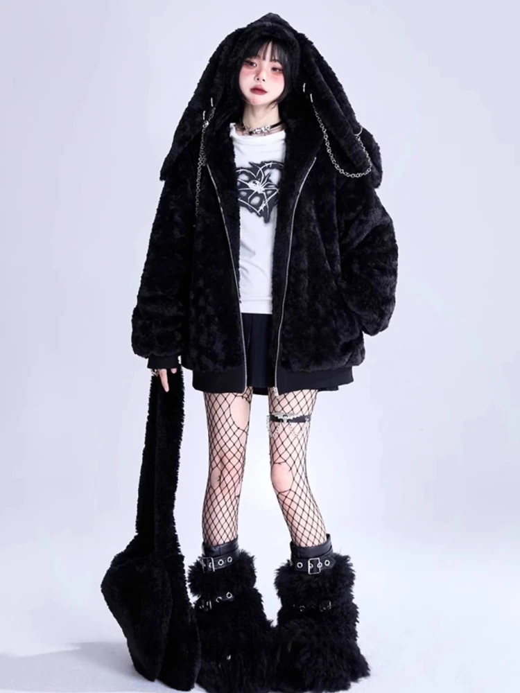 Japanese Kawaii Coat Long Sleeve Women Casual Solid Color Rabbit Ears Punk Harajuku Sweatshirt Sweet Zipper Hoodie Autumn Tops