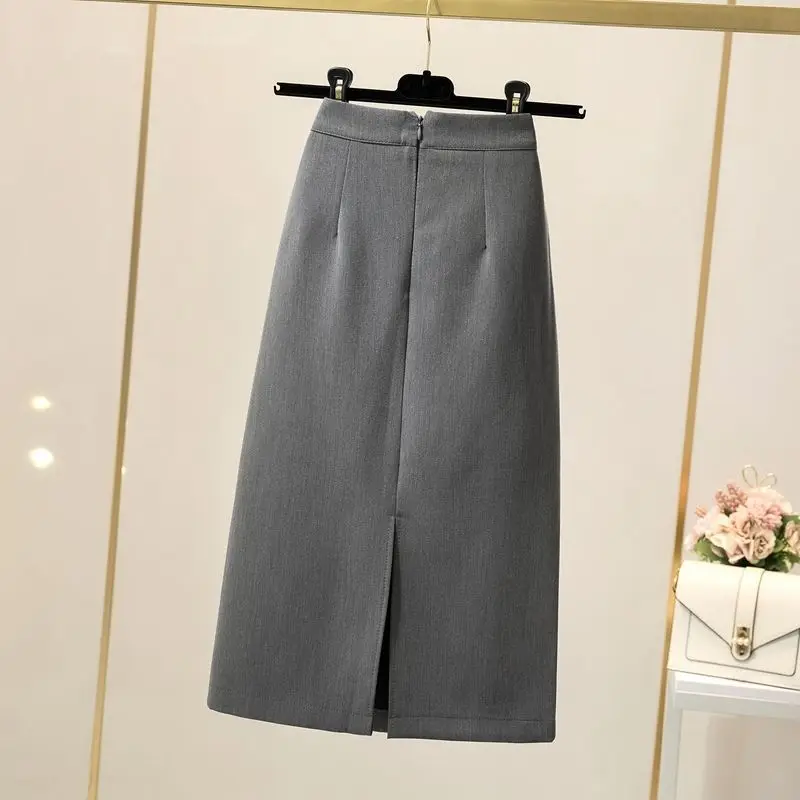 Women A-line Midi Skirts Elegant High Waist Office Lady Spring Slit Skirt Casual Solid All-match Stylish Faldas Largas De Mujer