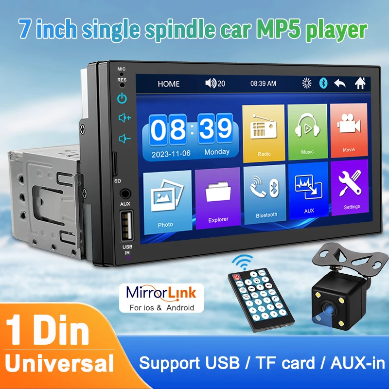 1 Din 7 Inch Android Car Radio Mirror Link Bluetooth Handsfree GPS FM USB Aux input HD Touch Screen Head Unit 7023 With Camera