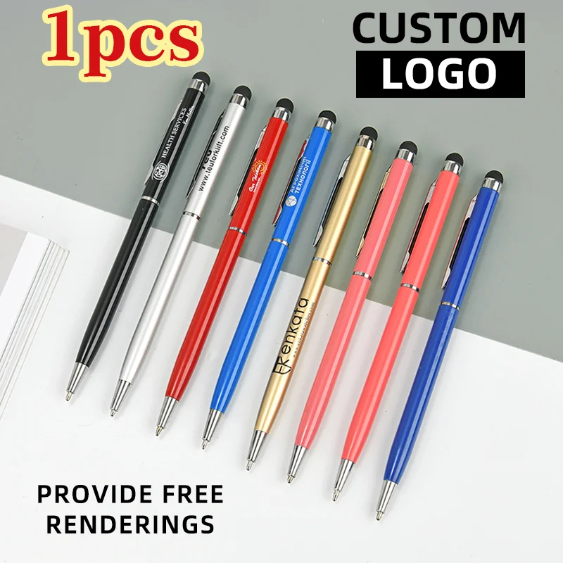 1 قطعة هدية الأعمال الإعلان القلم الملونة شعار الطباعة الكرة القلم المعدني 2 في 1 شاشة تعمل باللمس قلم حبر جاف