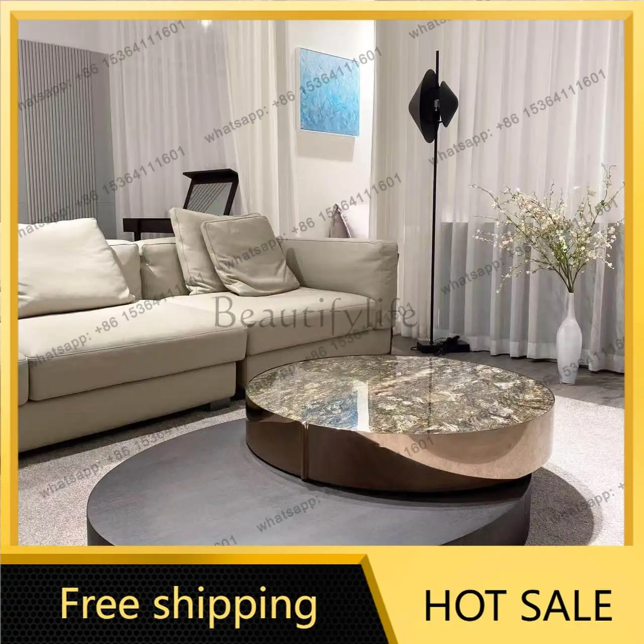 FGItalian minimalist premium platinum diamond luxury stone rotating coffee table living room smoked wood minimalist light luxury