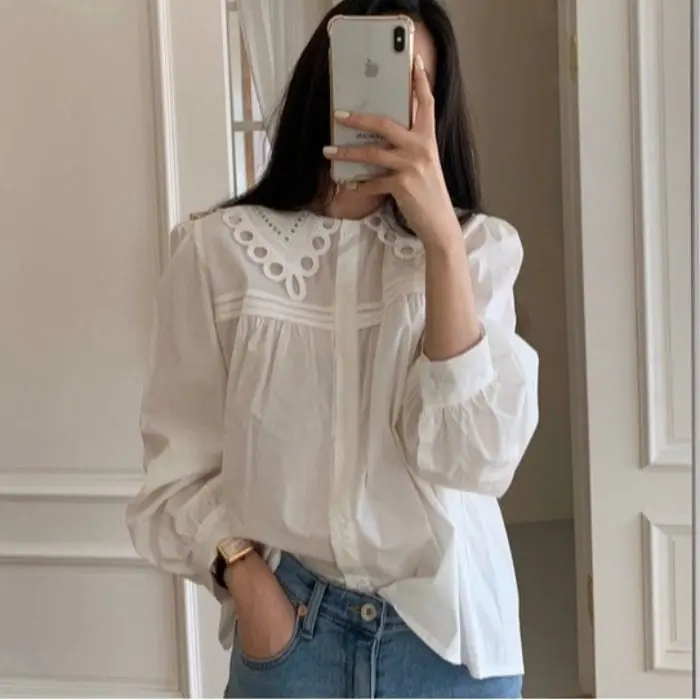 

French Sle Loose Fit Long Sve Cotton irt with Bubble Sves And Doll Collar Versatile Top for Young Women