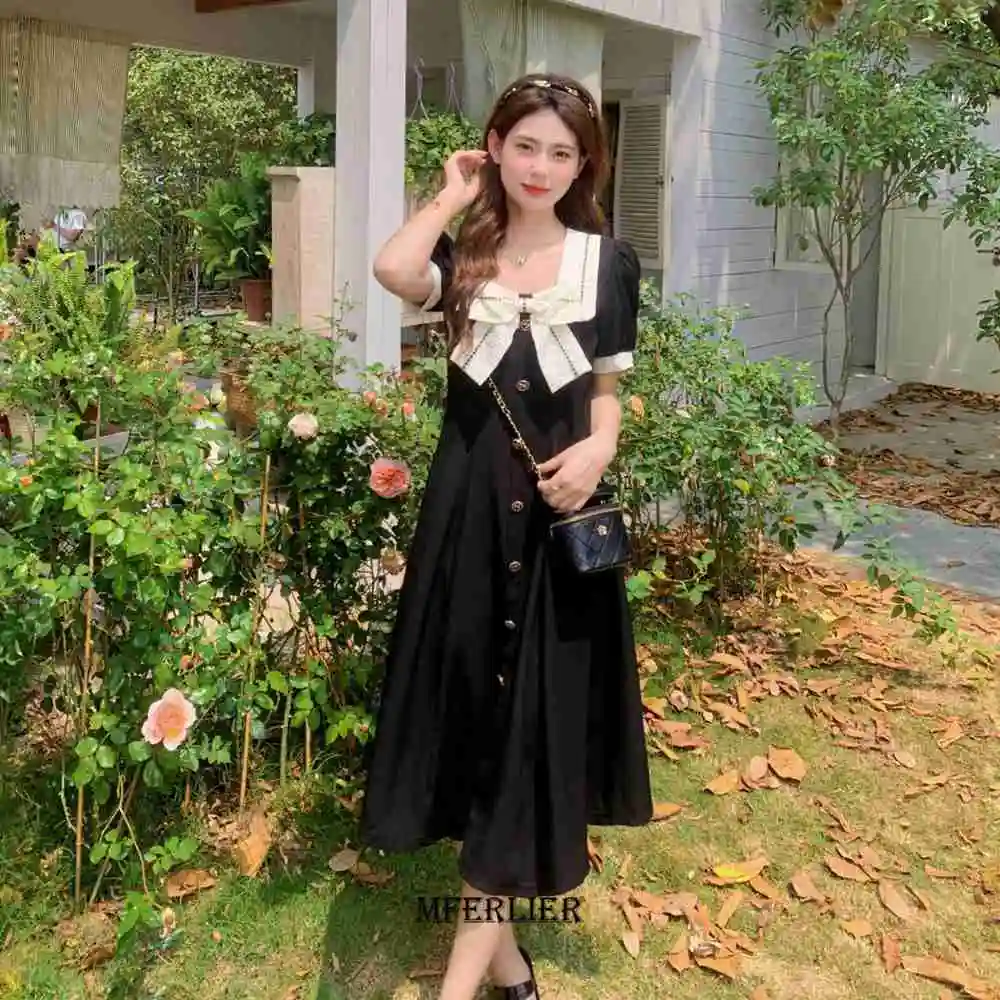 Plus Size 6XL 150KG Summer Dress For Women Short Sleeve Loose Vintage Dresses Ladies Casual Large Bow Neck Black Sweet Dress