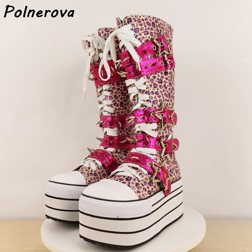 ليوبارد المسامير الوردي الأحذية جولة تو منصة سميكة سوليد المشارب عبر تعادل منتصف العجل الأحذية الخماسي مشبك الشتاء أحذية مثيرة #5