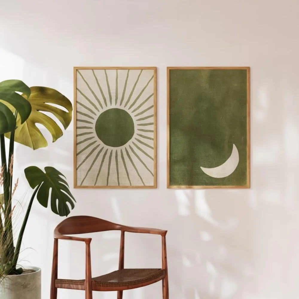 Sage Green Wall Art Abstraction,olive Green Wall Art,sun and Moon,a Set of 2 Prints,day and Night Art,frameless Canvas Painting