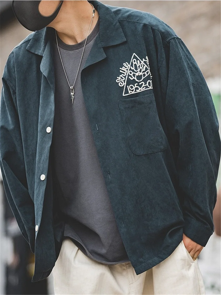 

Мужская рубашка Maden American Sle в стиле ретро для боулинга, свободного кроя, из бархатной ткани, с воротником-стойкой, модная, с эффектом потертости