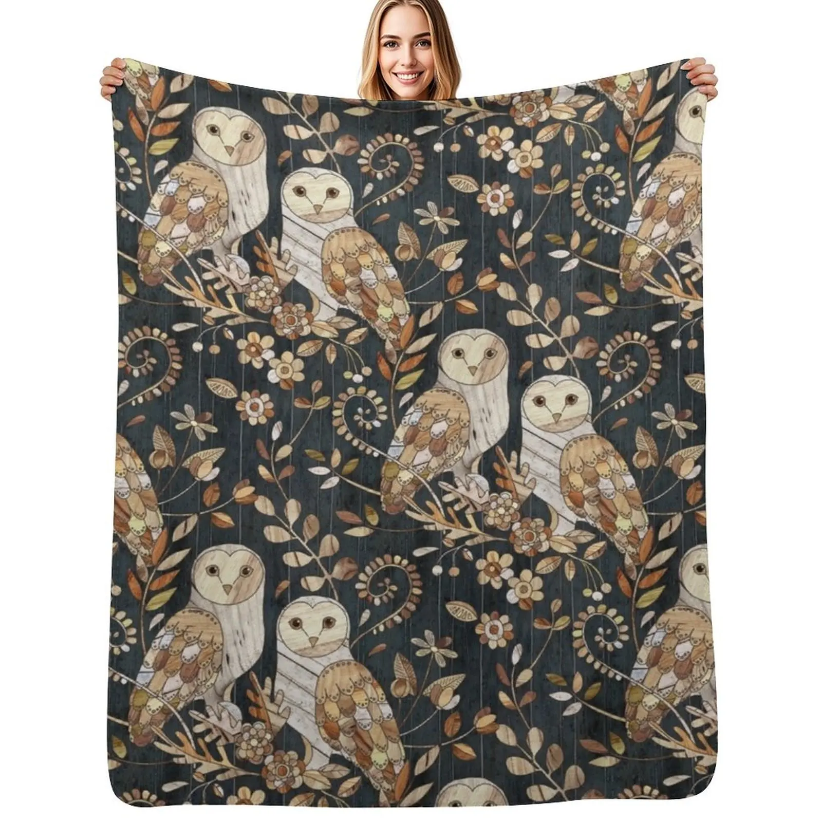 

Wooden Wonderland Barn Owl Collage Throw Blanket Stain Resistant Cozy Warm Blanket