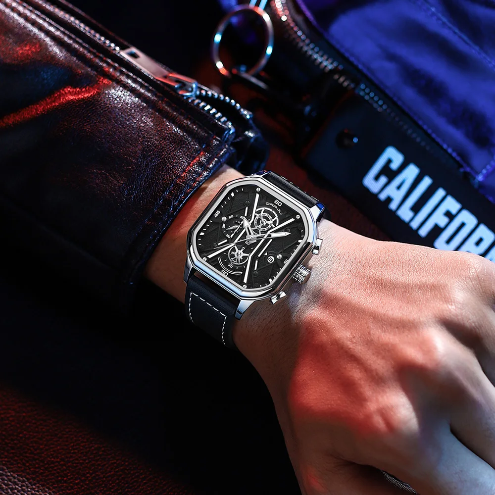 Crrju นาฬิกากีฬาโครโนกราฟของผู้ชายกันน้ำแบรนด์หรูนาฬิกาข้อมือหนัง reloj hombre