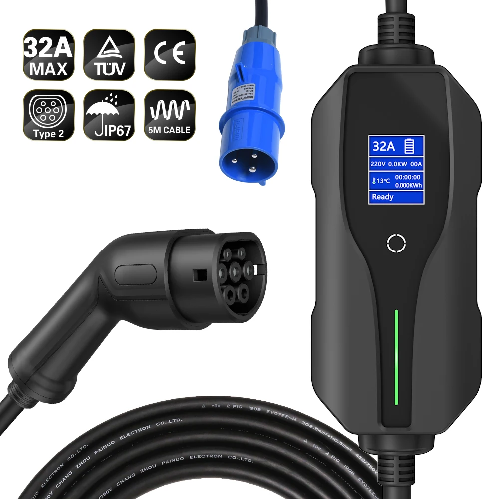 EV Fast Charging 10- 32A 7kw Portable EV Charger gun  IEC 62196 Home Electric Car Charger with Control box 5 meters Cable