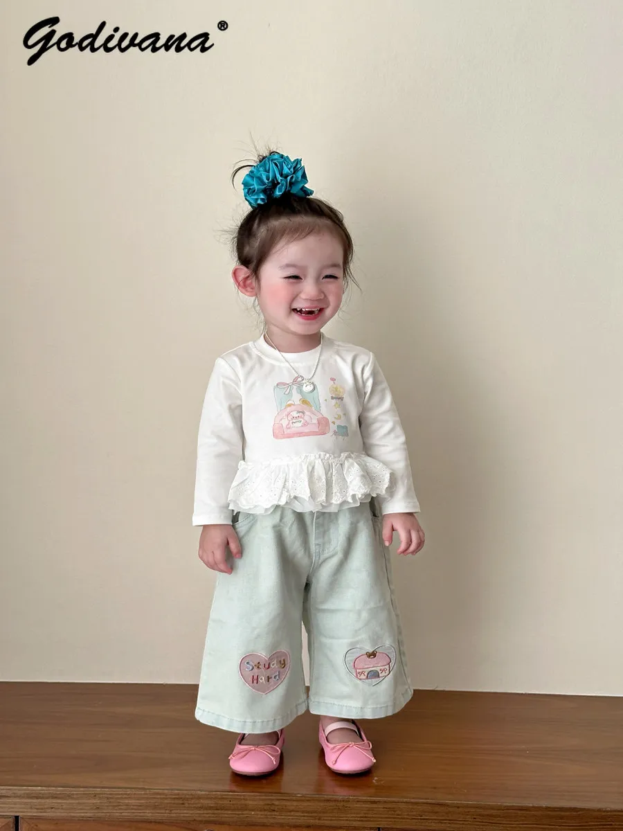 Cute Baby Girls Denim Wide Leg Pants 2026 New Spring and Summer Kids Korean Fashion Heart Embroidery Print Loose Casual Trousers
