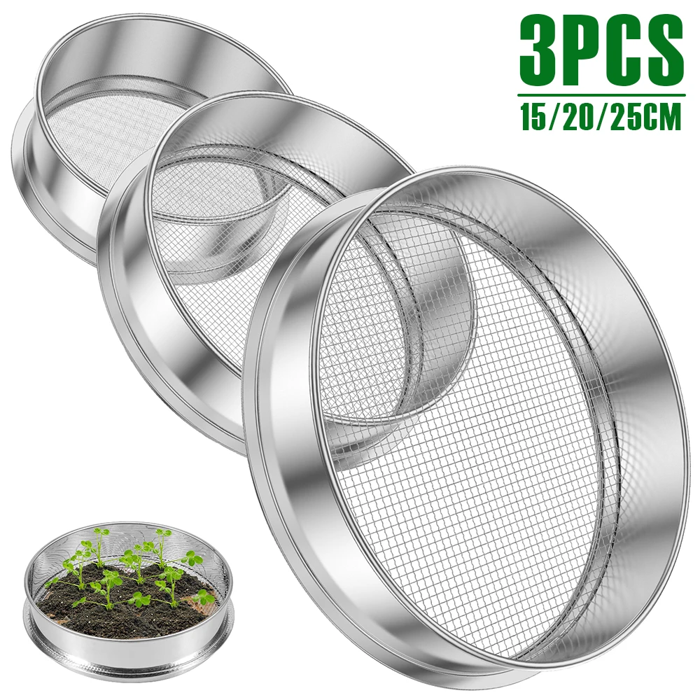 3Pcs Stainless Steel Soil Sieve Stackable Garden Sieve Set 15/20/25cm Compost Rock Sifter Portable Garden Planting Accessories