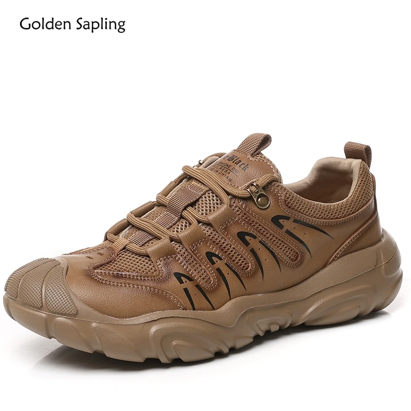 Golden Sapling Size 38-44 Men's Genuine Leather Shoes Outdoor Leisure Breathable Daily Loafers Non-slip Climbing Hiking Sneakers