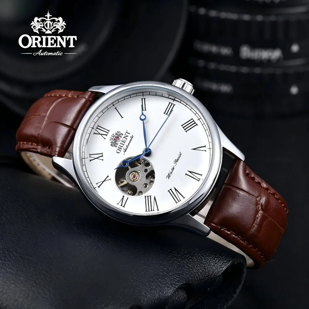 ORIENT Open Heart Automatic Watch Men Classic Dress Mechanical Wristwatch Roman Numerals Dial Brown Leather Waterproof Luxury