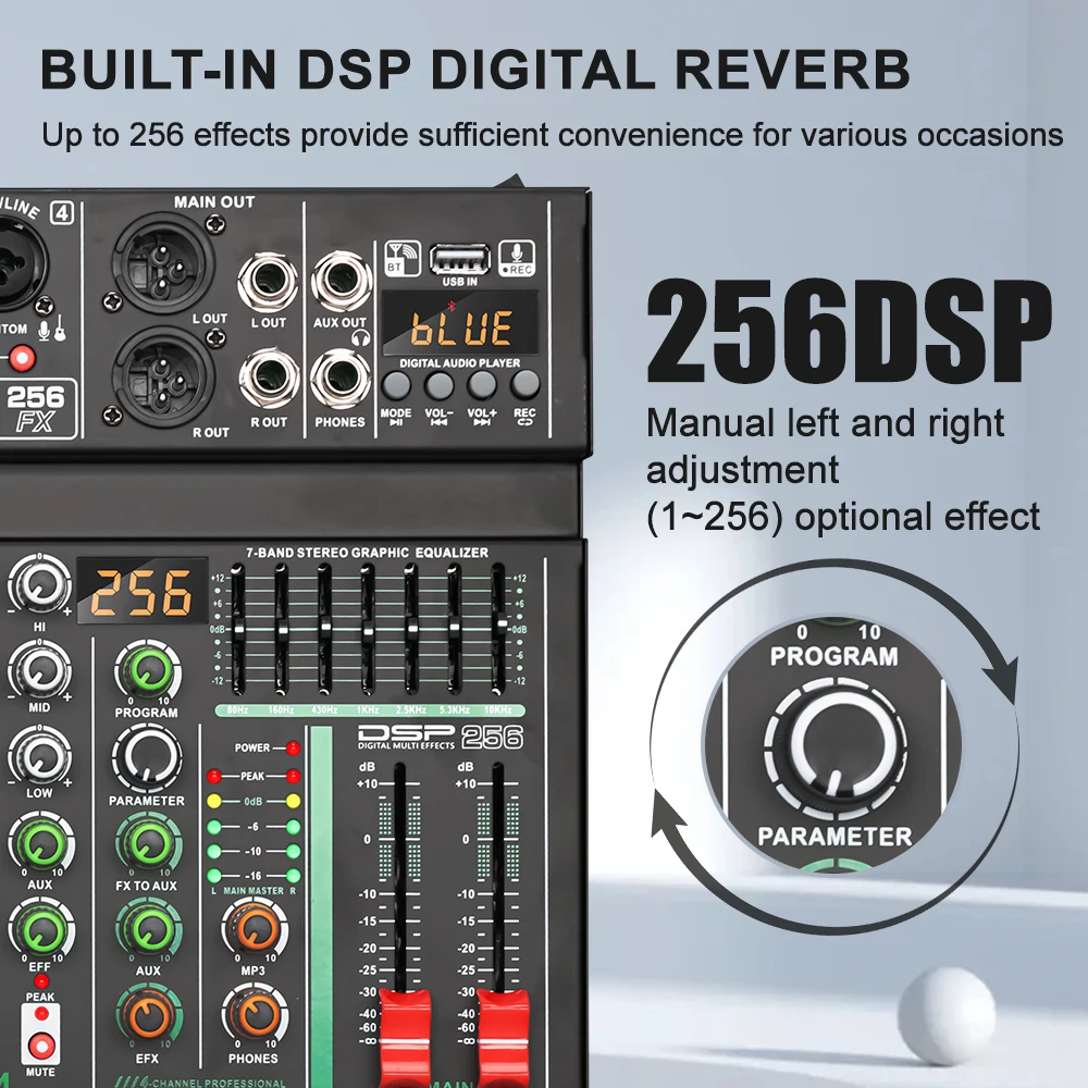 LEUS AU4 Kanaal 256 DSP Effect Audio Mixer Record PC 48 V Fantoomvoeding USB Sound Mixers Bluetooth DJ Console Mengen voor Karaok