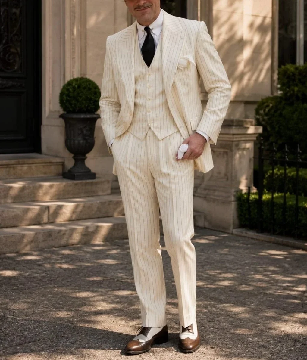 3 Piece Suit Old Money Style Slim Tailored Fit Ivory Pinstripe Men Wide Peak Lapel V Neck Waistcoat Spring Summer Customized