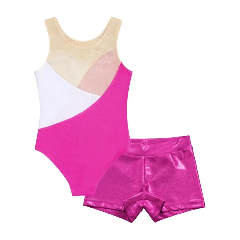 여자 발레 댄스 레오타드 체조 복장 키즈 민소매 메쉬 반짝 이는 스팽글 바디 슈트와 피겨 스케이팅을위한 반바지 MN1 수행