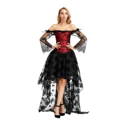 Women Sexy Off-Shoulder Lace Sleeves Corset with Tulle Long Skirt Victorian Vintage Overbust Corset Wedding Party Dress Suits