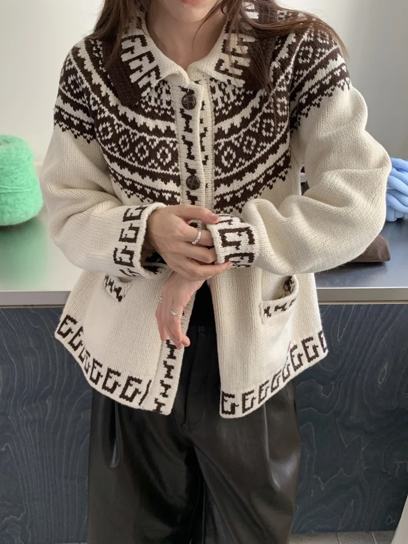 ソフトニットカラーブロフェアアイル柄カーディガンレディース冬新作スリーブセーター快適で居心地の良い春秋