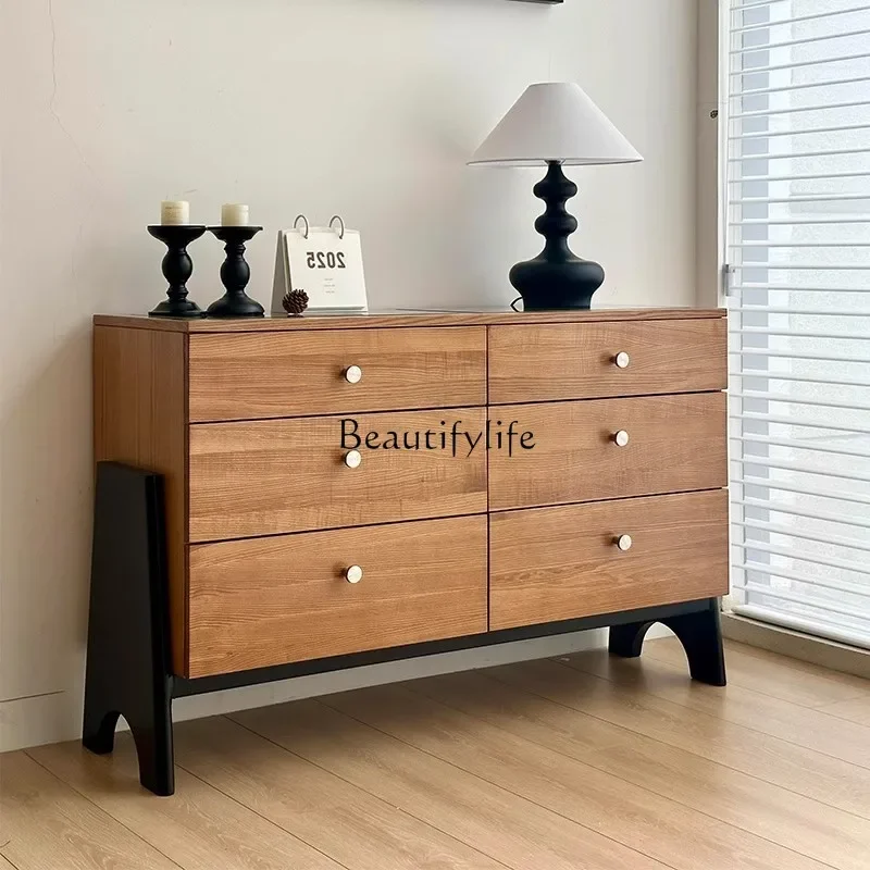 

z.Medieval simple solid wood six-chest cabinet, French retro wall bedroom storage cabinet