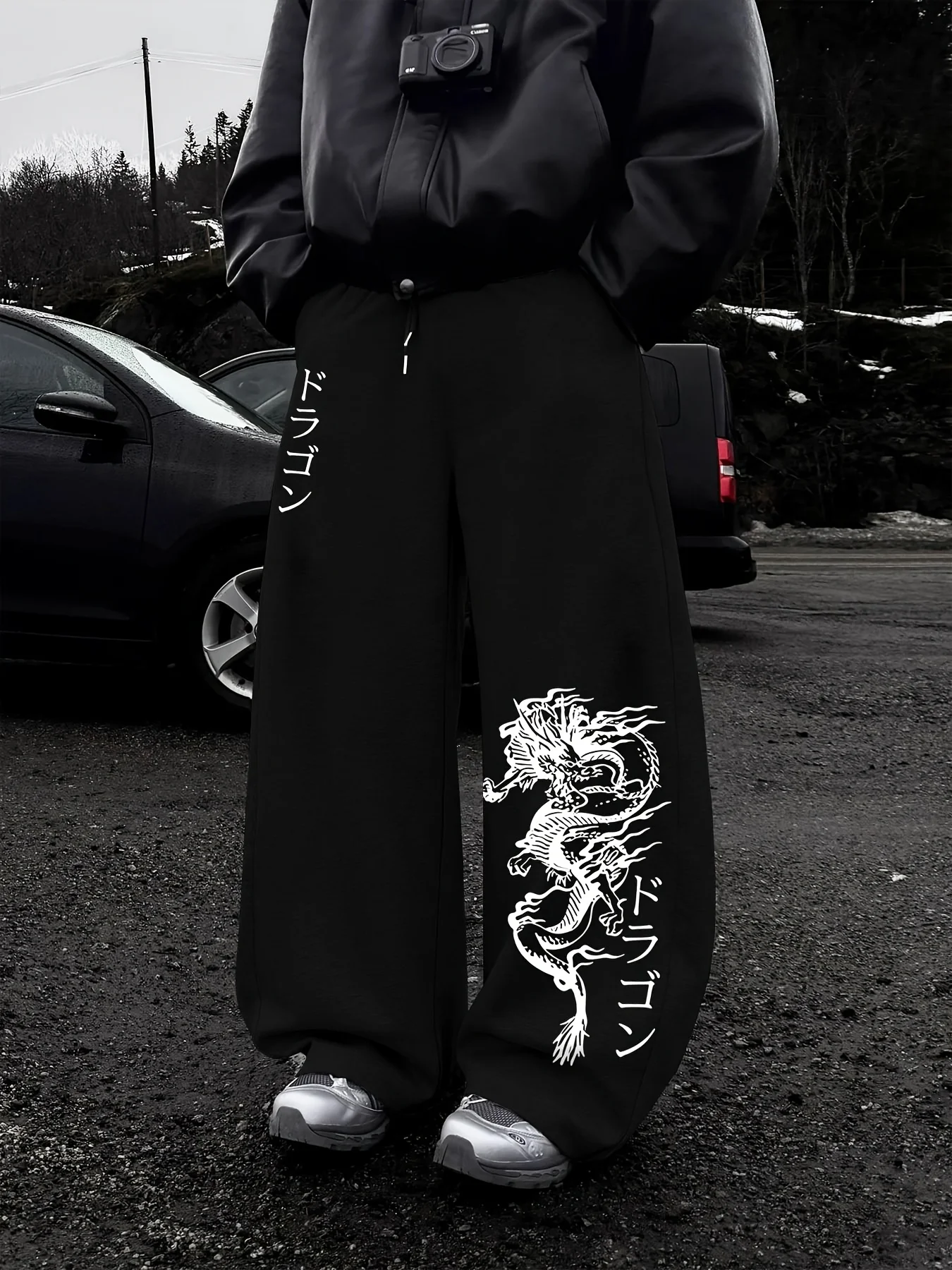 Men's Casual Sports Pants, Dragon Patterned Printed Sweatpants, Drawstring Wide Leg Casual Pants