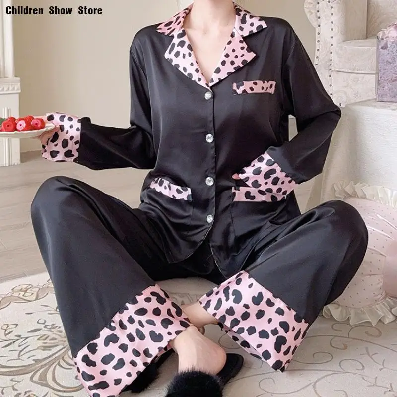 

Luxury Pajamas Leopard Print Lapel Shirt Pants 2Pcs Woman Pjs Sets Underwear Black Pijama Mujer Ice Silk Pijamas De Mujer