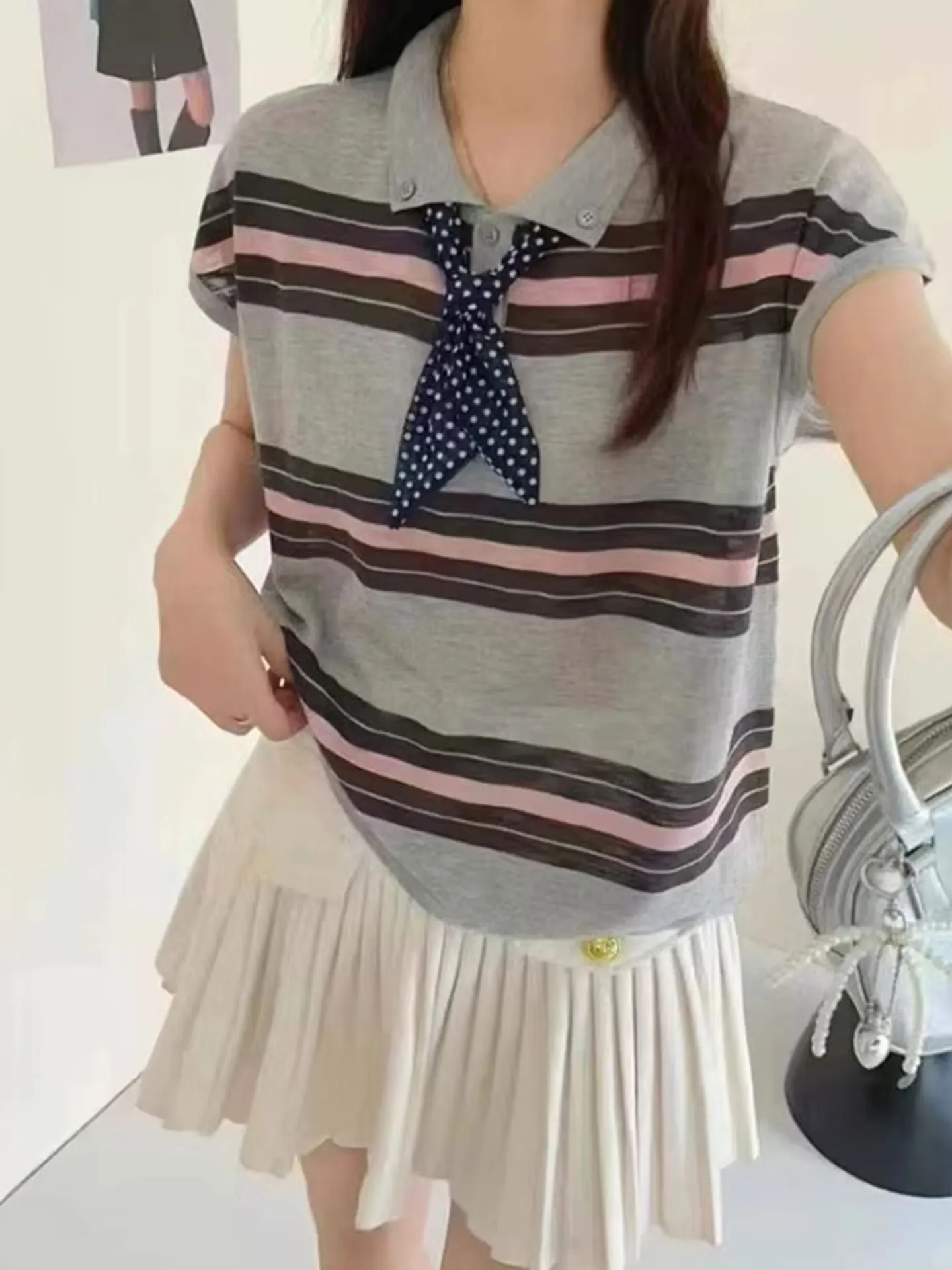 

Ele f Open Button ort Sve Knitted Ne Striped T-irt Color Blo Summer Faion Women's Silk Top